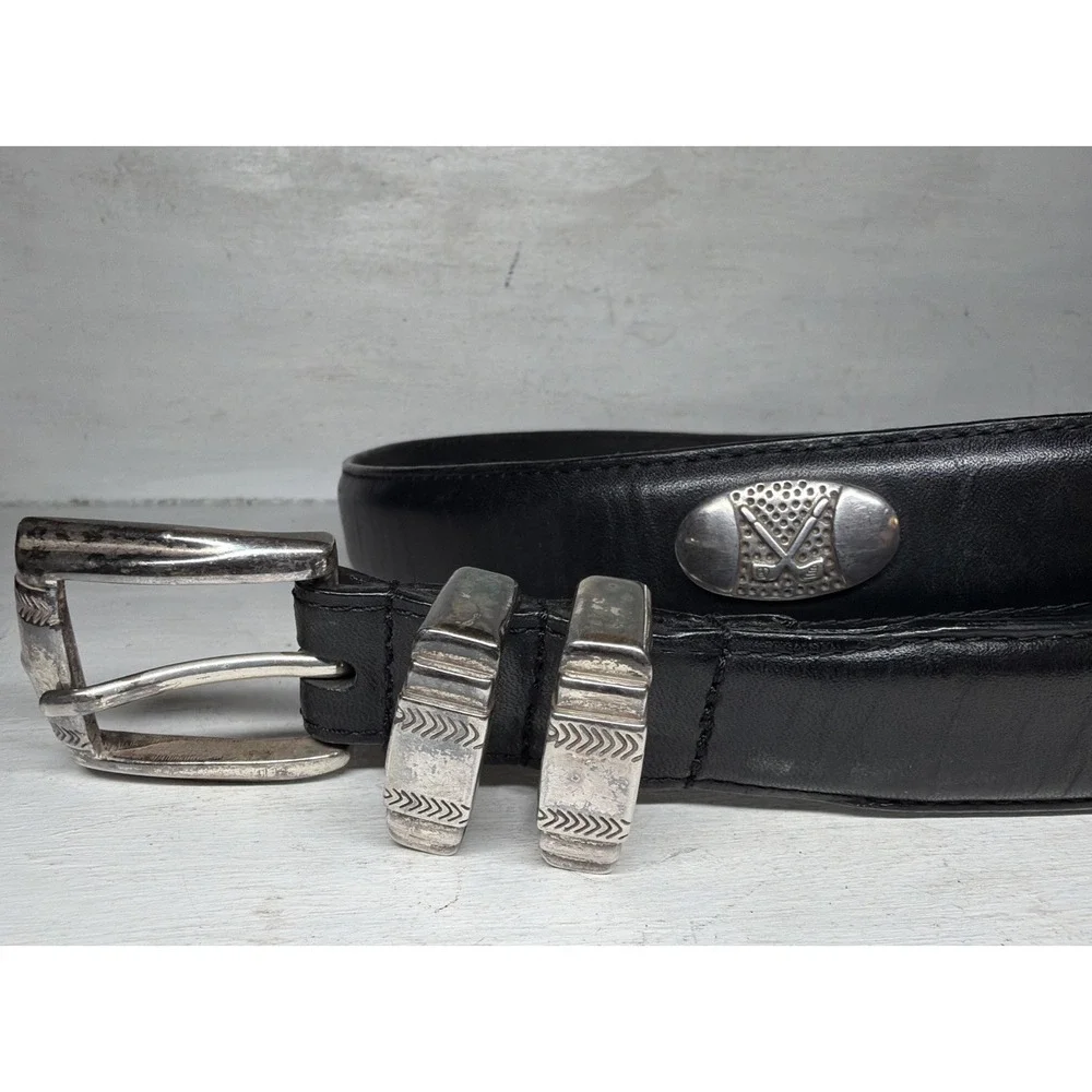 Men's Golf Black Top Grain Oil Tan Leather Belt with Nickel Hardware Size 34 VTG